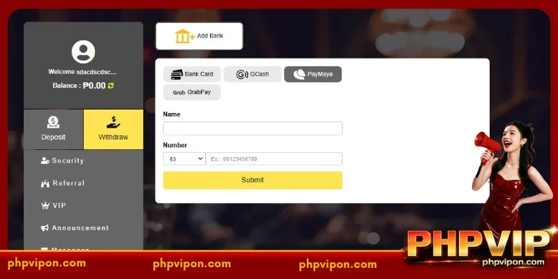 Choose a suitable PHPVIP withdrawal method and fill in the information